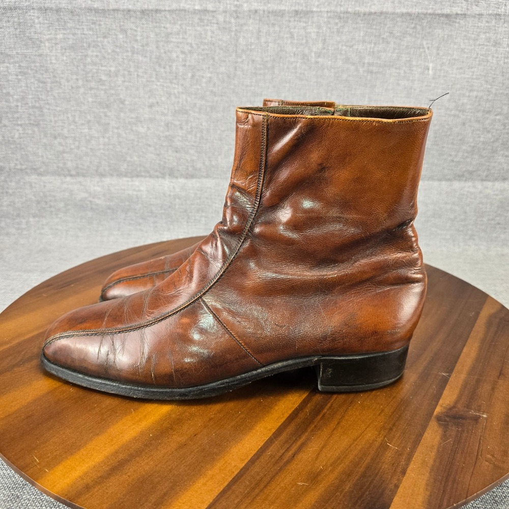 Vintage Mens Brown Leather Side Zip Square Toe Ankle Boots Size 11 D 93164 CI - Picture 2 of 14